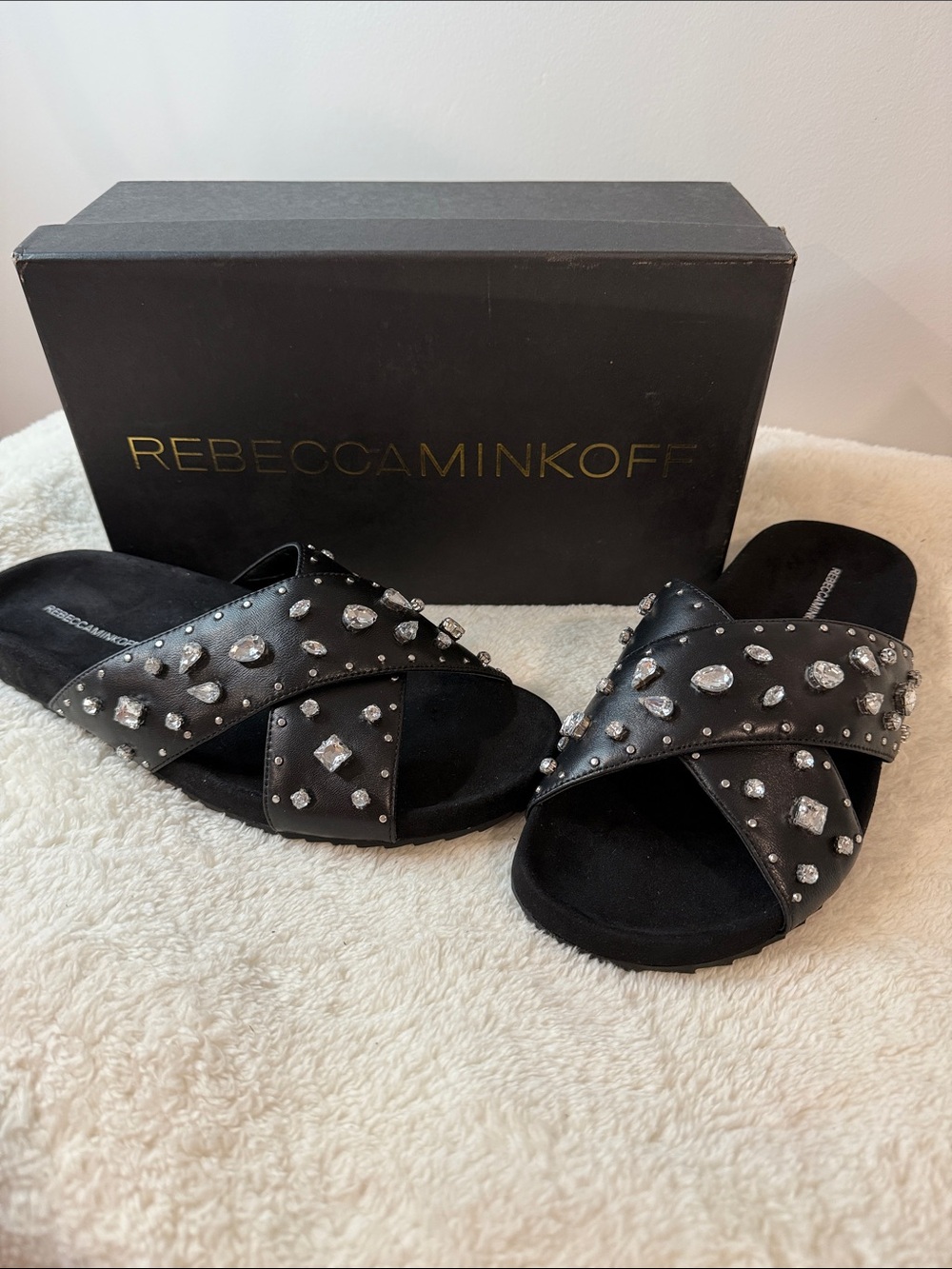 Rebecca Minkoff Black Jeweled Crisscross Slide Mules size 11 (124)